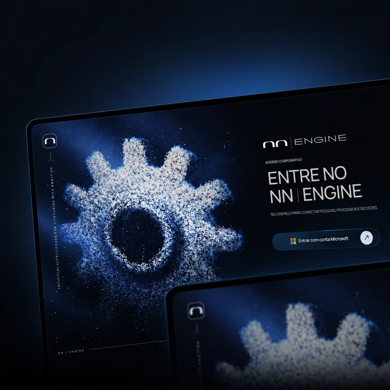 Mockup da tela de acesso NN Engine em perspectiva, com a engrenagem de partículas em enquadramento parcial sobre fundo escuro.
