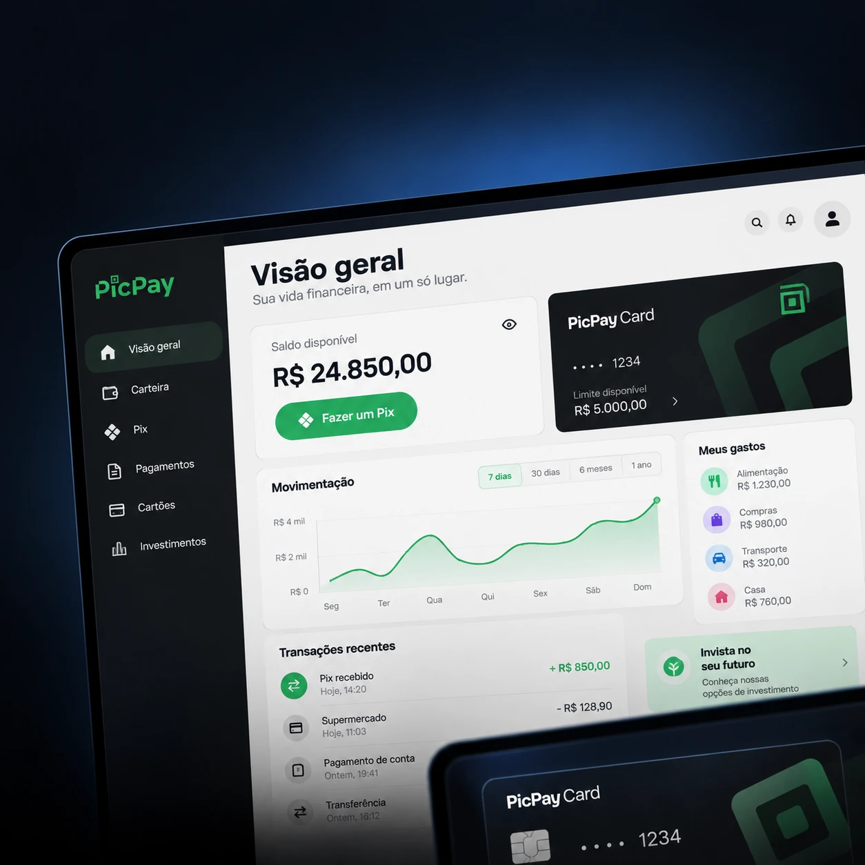 Interface financeira com a identidade PicPay, cartões, saldo e movimentações em telas sobrepostas, em enquadramento parcial sobre fundo escuro.