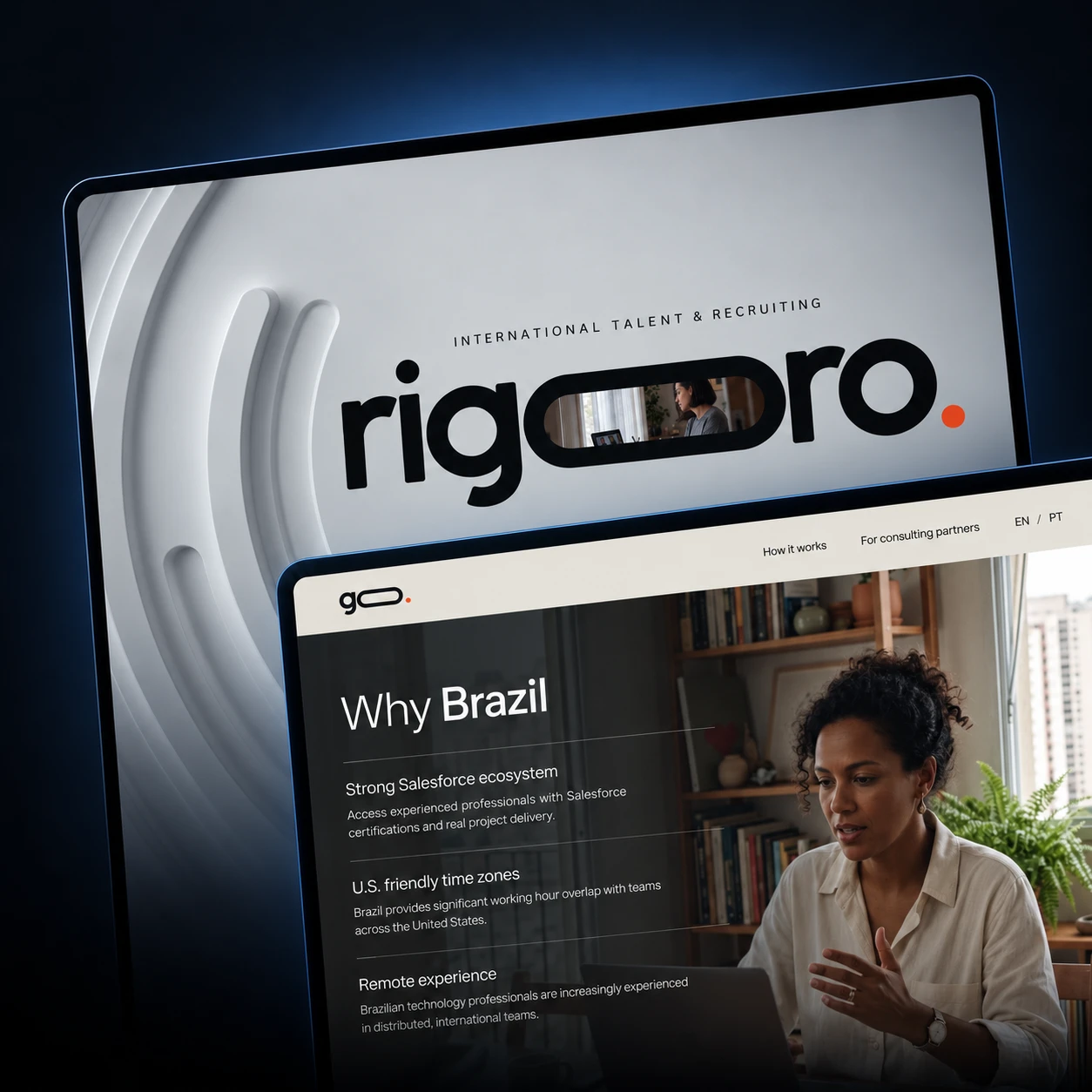 Mockup Rigoro com a entrada do logo e seu vídeo dentro do O ao fundo, e a seção Why Brazil em uma segunda tela sobreposta, em perspectiva sobre fundo escuro.