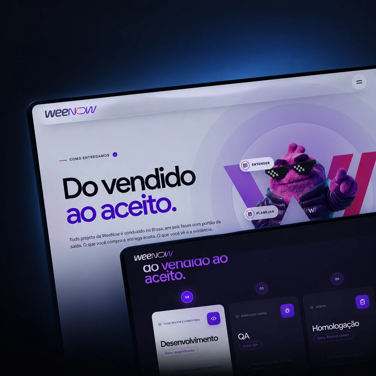 Mockup WeeNow com o personagem roxo e as fases de entrega em telas sobrepostas, em enquadramento parcial sobre fundo escuro.