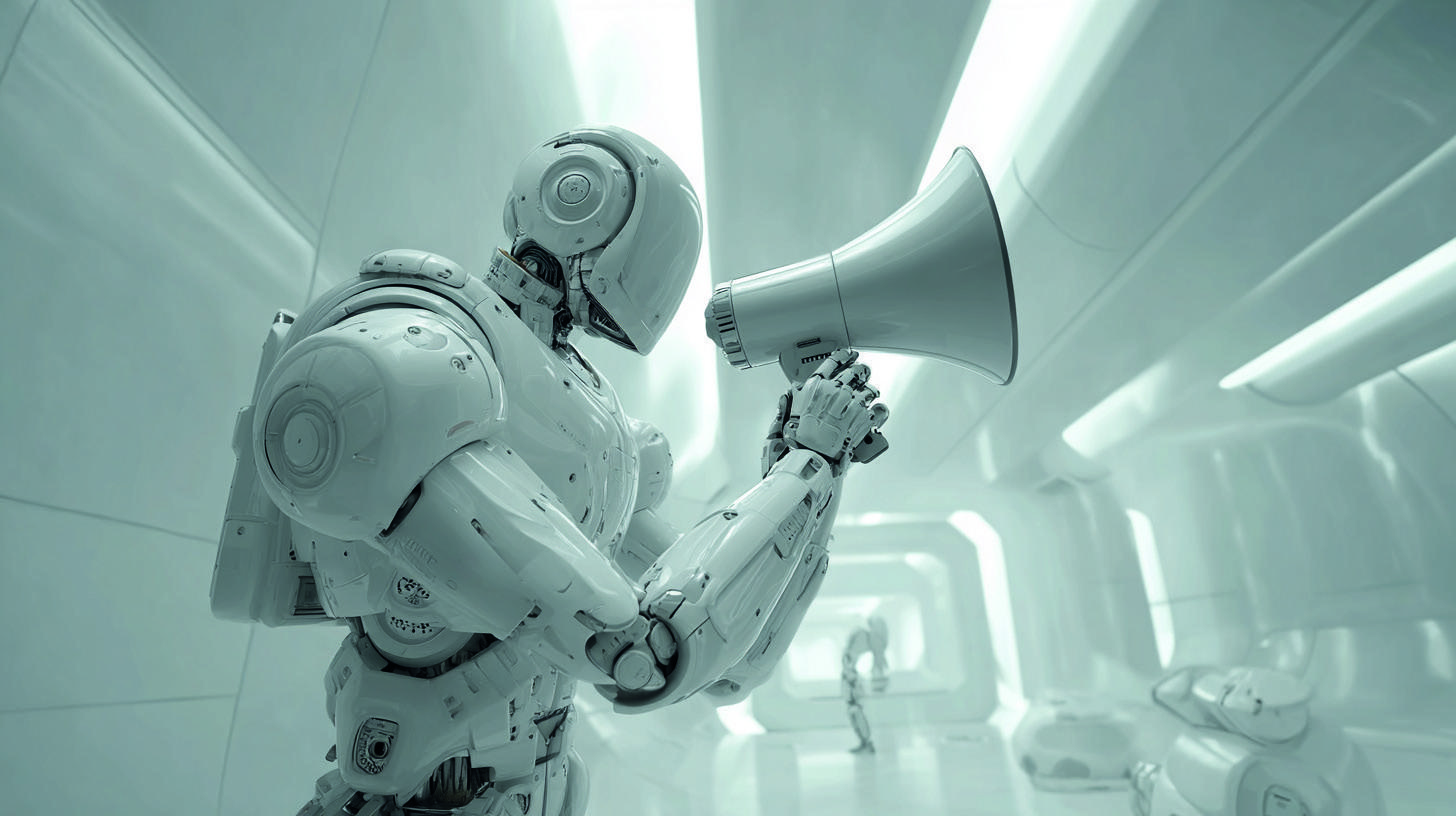 Robô com megafone em ambiente claro, imagem original do manual da NN